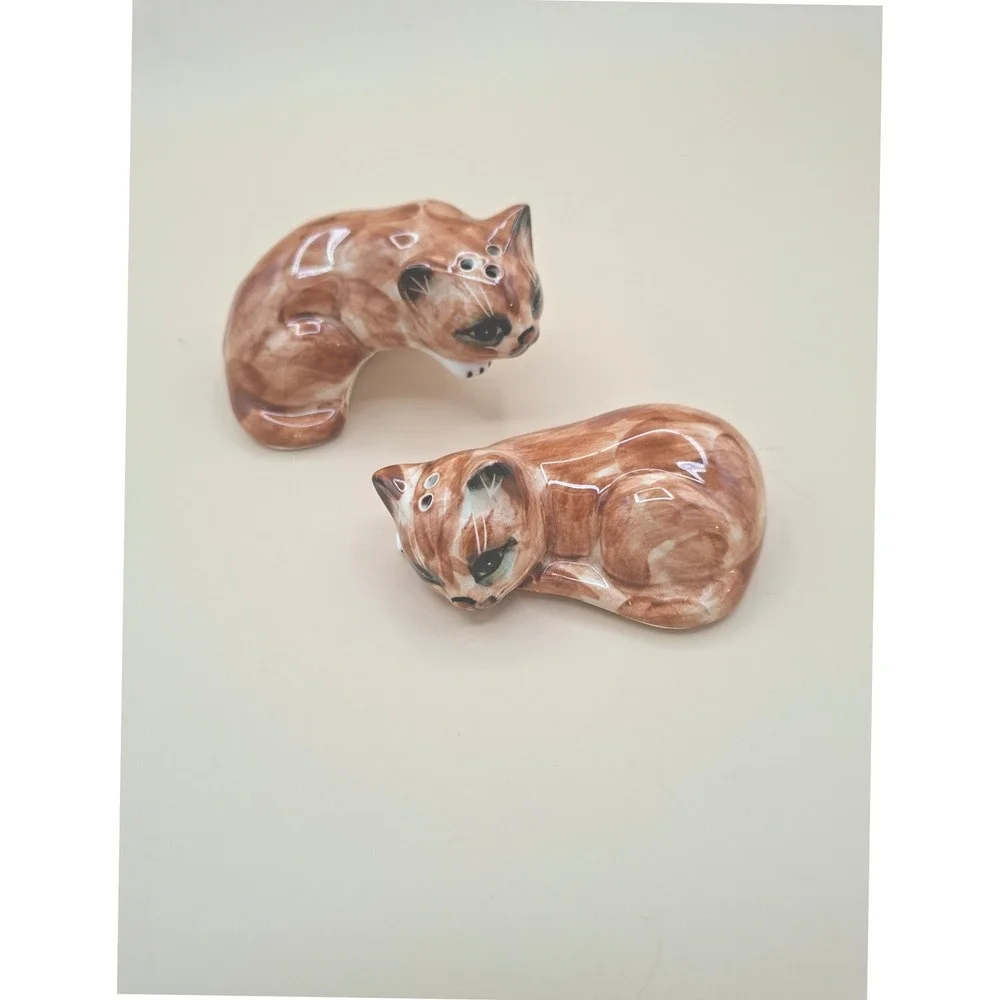 Vintage Ginger Tabby Cat Salt and Pepper Shakers Ceramic Nesting Kittens Set